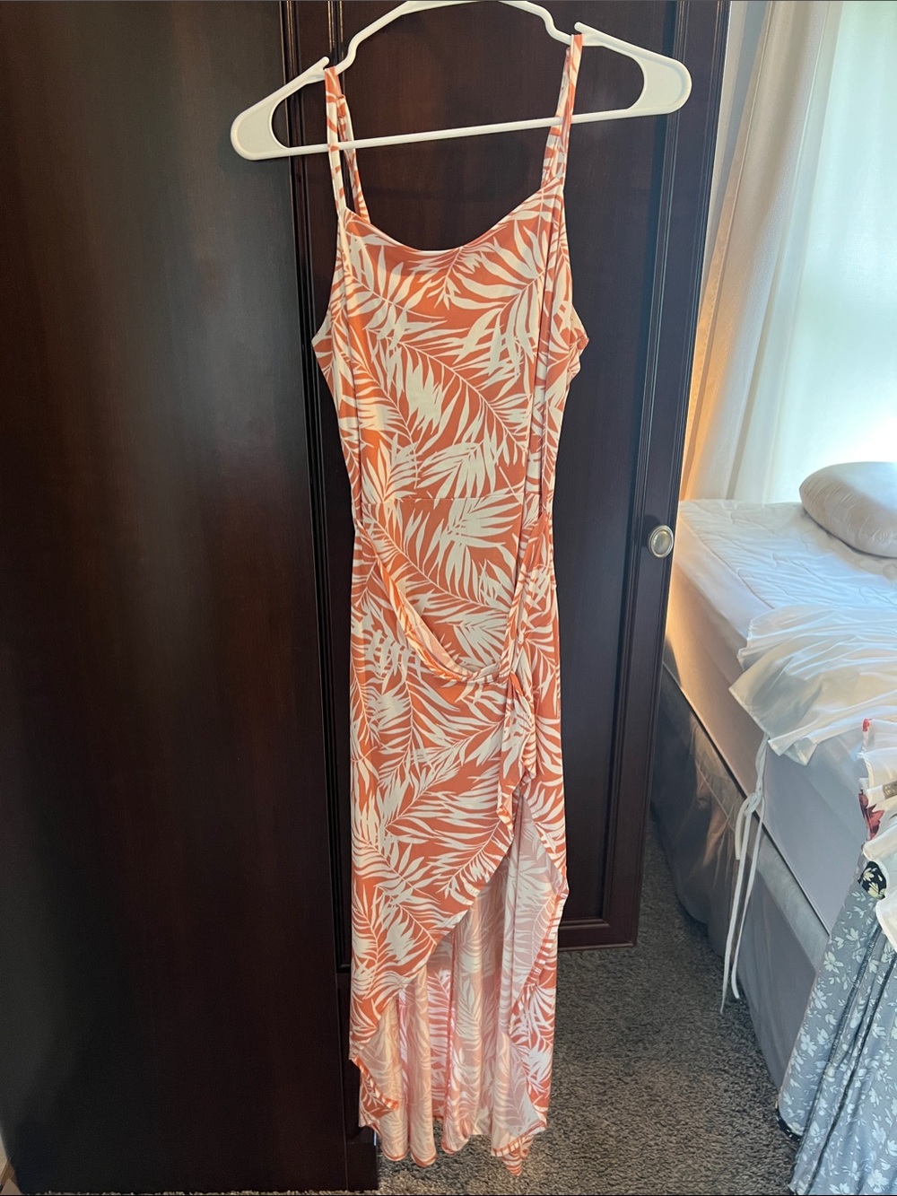Women’s Coral Leaf Print Maxi Dress with Spaghetti Straps